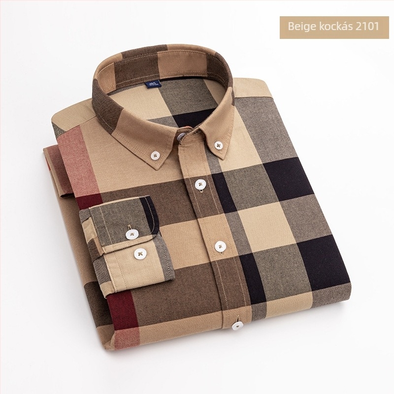 Férfi hosszú ujjú ing, Oxford pamutból, kockás minta, négyzetes gallér, gyűrődésálló