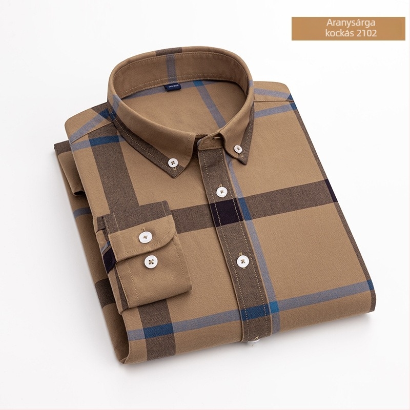 Férfi hosszú ujjú ing, Oxford pamutból, kockás minta, négyzetes gallér, gyűrődésálló