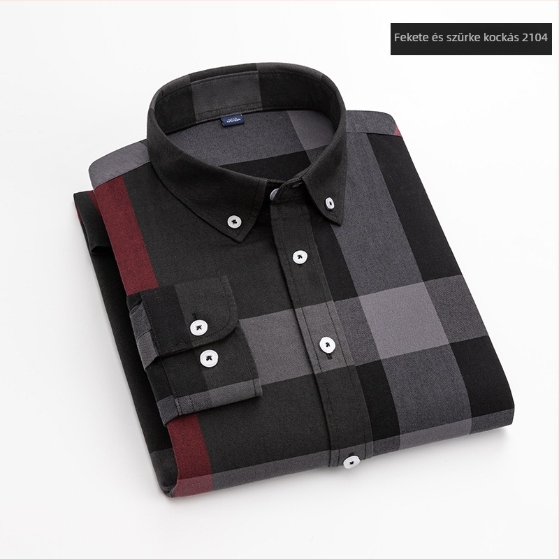 Férfi hosszú ujjú ing, Oxford pamutból, kockás minta, négyzetes gallér, gyűrődésálló