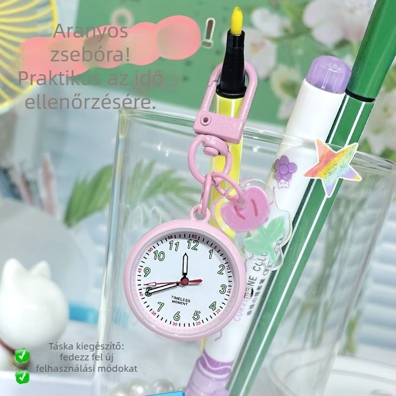 Iskolai kulcstartó zsebóra rajzfilmszerű stílussal, analóg kijelző számokkal, kvarcszerkezet, műanyag tok és pánt, világító dekoratív medál (vizsgákhoz)