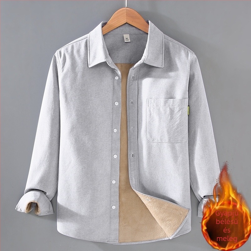 2388 Férfi fleece-belelt vastag Oxford ing-jacka, hosszú ujjú, laza szabású, japán stílusú casual munkaruha, téli melegség