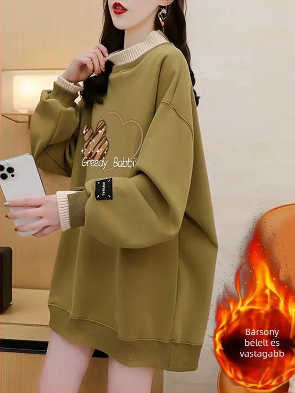 Női vastag fleece-béléssel ellátott pulóver kerek nyakkal, hamis két rész kinézet, lazán szabott, középhosszú