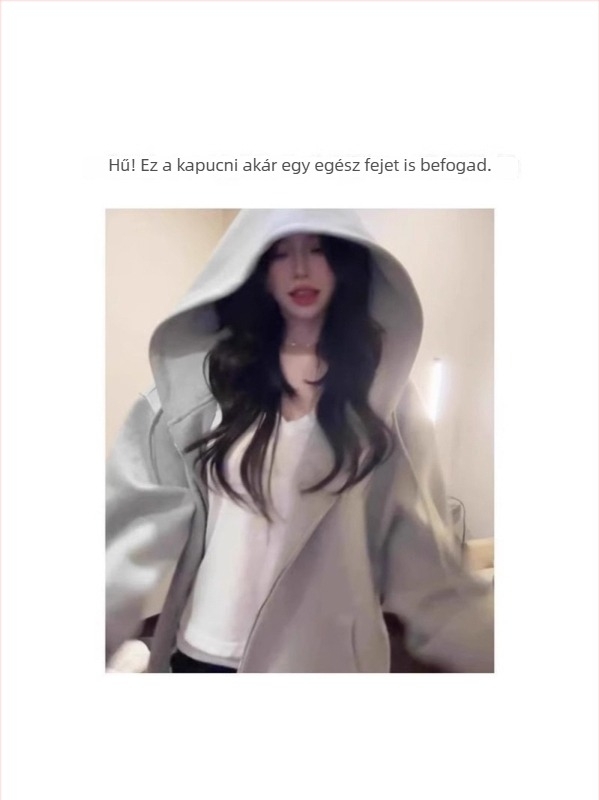 Női kapucnis fleece kardigán cipzárral, laza szabású, középhosszú, hosszú ujjú, pamut anyag