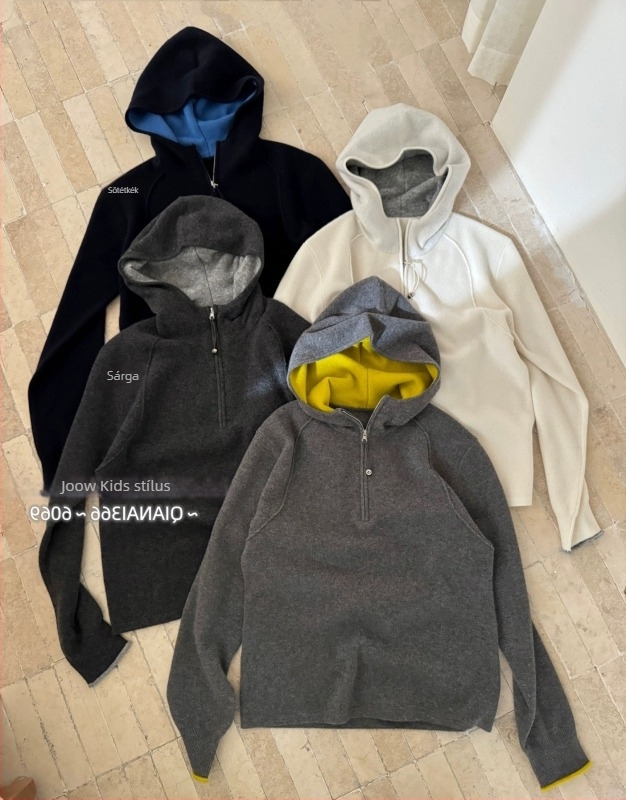 Színblokkolt gyapjú kapucnis pulóver Polo gallérrel, hosszú ujjú, chenille anyag, spandex keverék