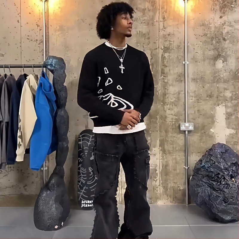 BP betűs hímzéssel és bolygó mintás jacquard pulóver, kerek nyakú, uniszex, streetwear, meleg