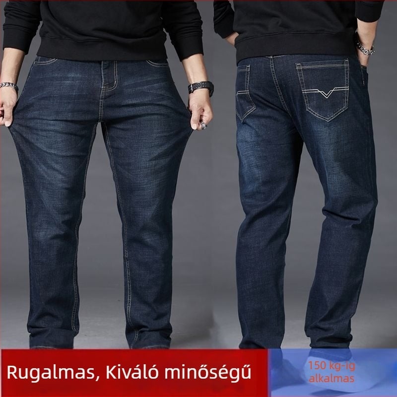 Pluszméretű férfi farmer, laza egyenes szabás, magas derekú, elasztikus