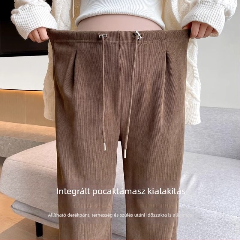 Női terhességi nadrág őszre és télre, fleece-béléssel bélelt, vastag anyagú, laza szabású, széles szárú, meleg, kényelmes hosszú nadrág a téli szezonra