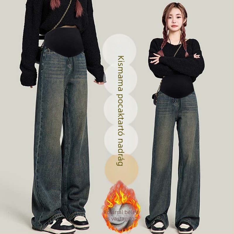 Kismama denim széles lábú nadrág fleece béléssel, cementszürke színben, egyenes szabású, hosszú, őszre és télre