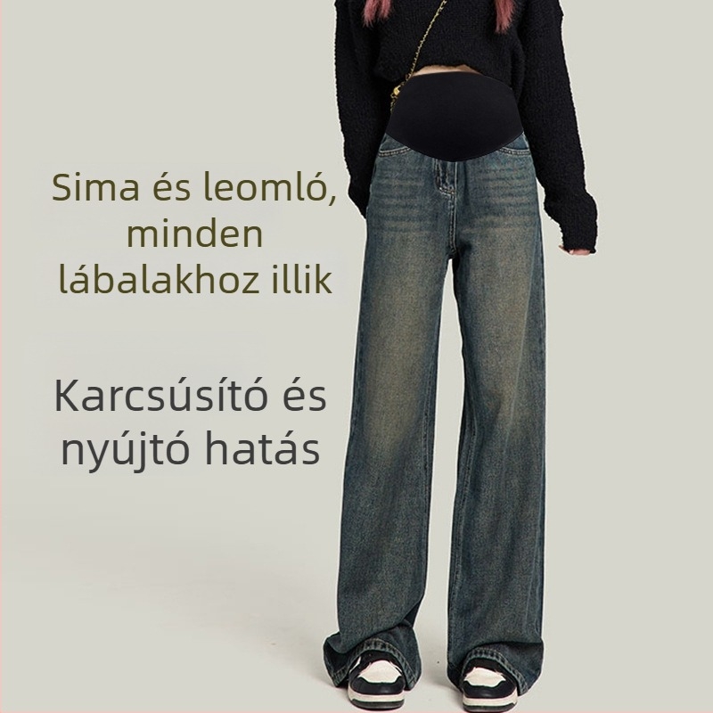 Kismama denim széles lábú nadrág fleece béléssel, cementszürke színben, egyenes szabású, hosszú, őszre és télre