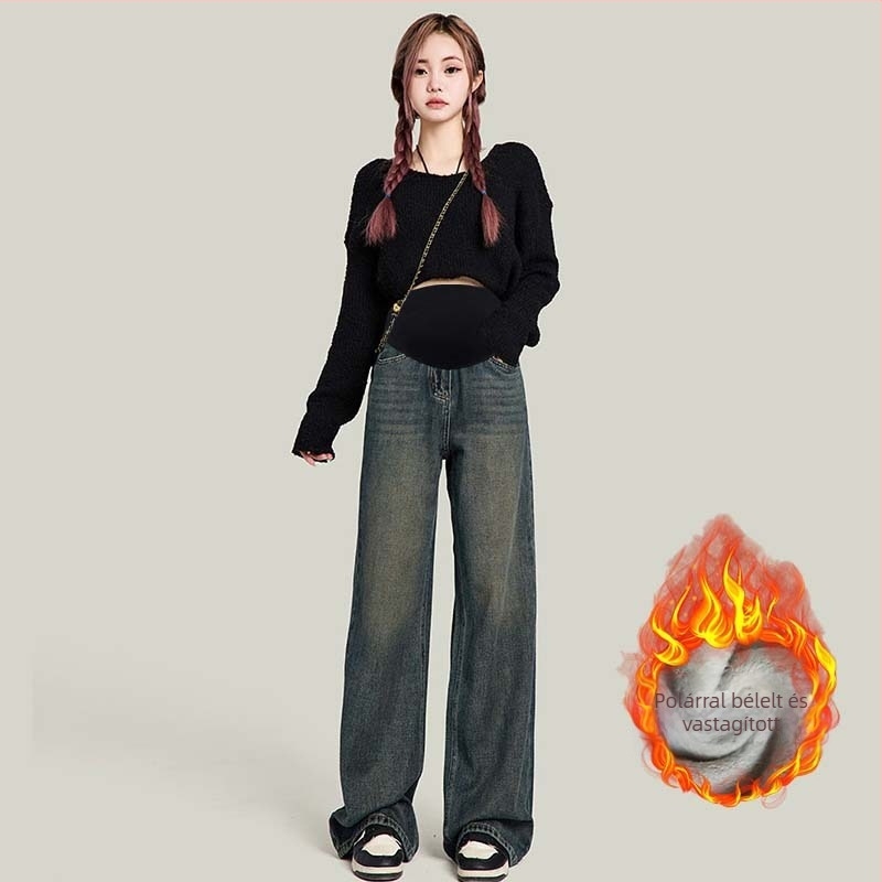 Kismama denim széles lábú nadrág fleece béléssel, cementszürke színben, egyenes szabású, hosszú, őszre és télre