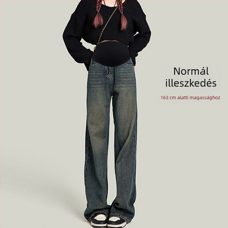 Kismama denim széles lábú nadrág fleece béléssel, cementszürke színben, egyenes szabású, hosszú, őszre és télre