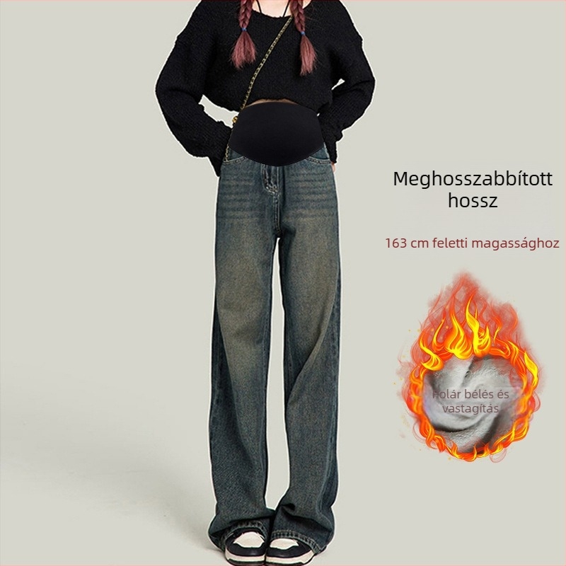 Kismama denim széles lábú nadrág fleece béléssel, cementszürke színben, egyenes szabású, hosszú, őszre és télre