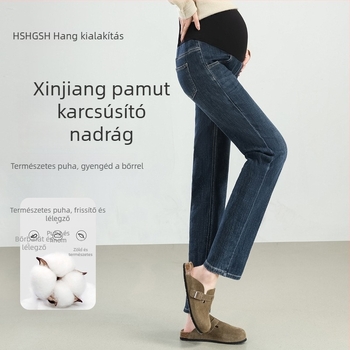 Kismama farmernadrág, egyenes szabású, rövid hossz, fleece-béléses a tavasz-ősz és tél számára, hasi támasz