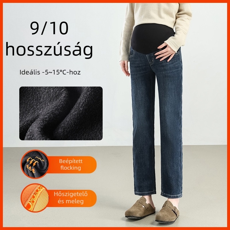 Kismama farmernadrág, egyenes szabású, rövid hossz, fleece-béléses a tavasz-ősz és tél számára, hasi támasz