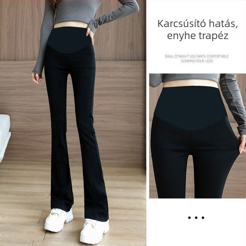 Fleece-betétes vastag meleg kismama nadrág, tavasz–őszre, laza szárú, fekete