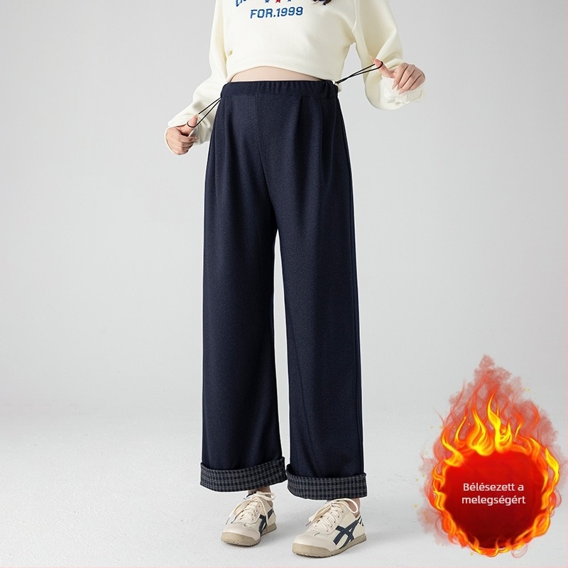 Kismama nadrág, fleece-béléses melegen tartó, imitált farmer anyag, széles szárú, egyenes szabású, hosszú nadrág