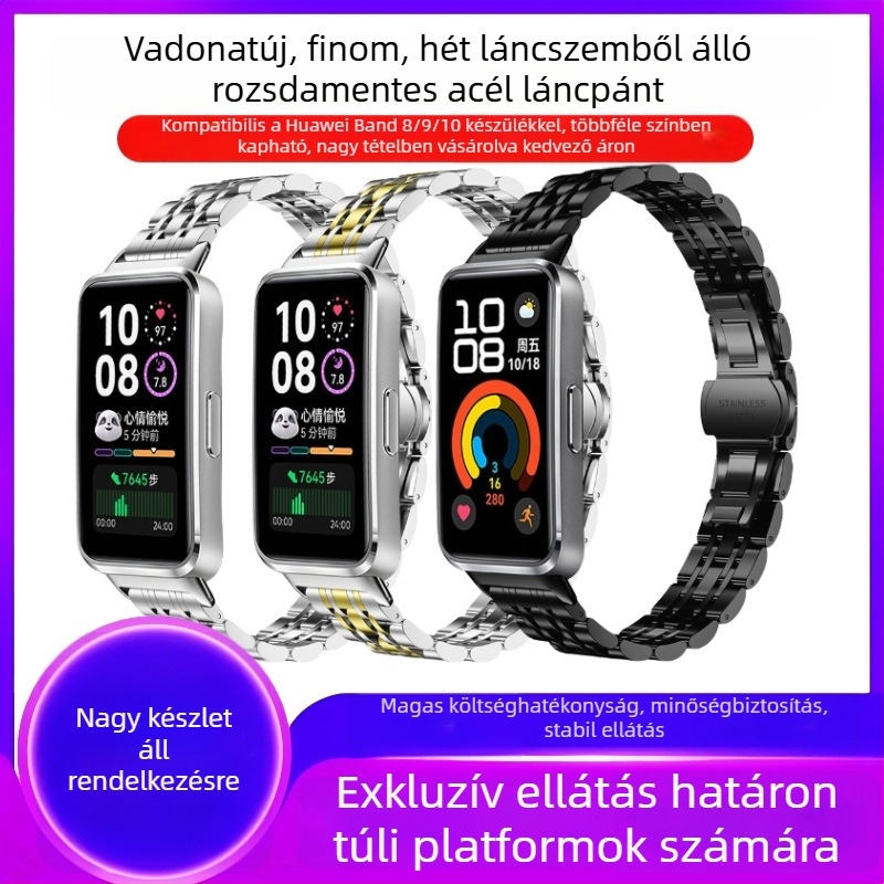 Huawei Band 10-hez illő rozsdamentes acél karkötő – vékony hét-szálas lánccal; kompatibil Huawei Band 8 és Band 9 három-szálas szilárd acél karkötővel