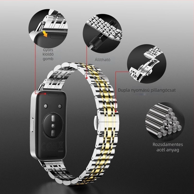 Huawei Band 10-hez illő rozsdamentes acél karkötő – vékony hét-szálas lánccal; kompatibil Huawei Band 8 és Band 9 három-szálas szilárd acél karkötővel
