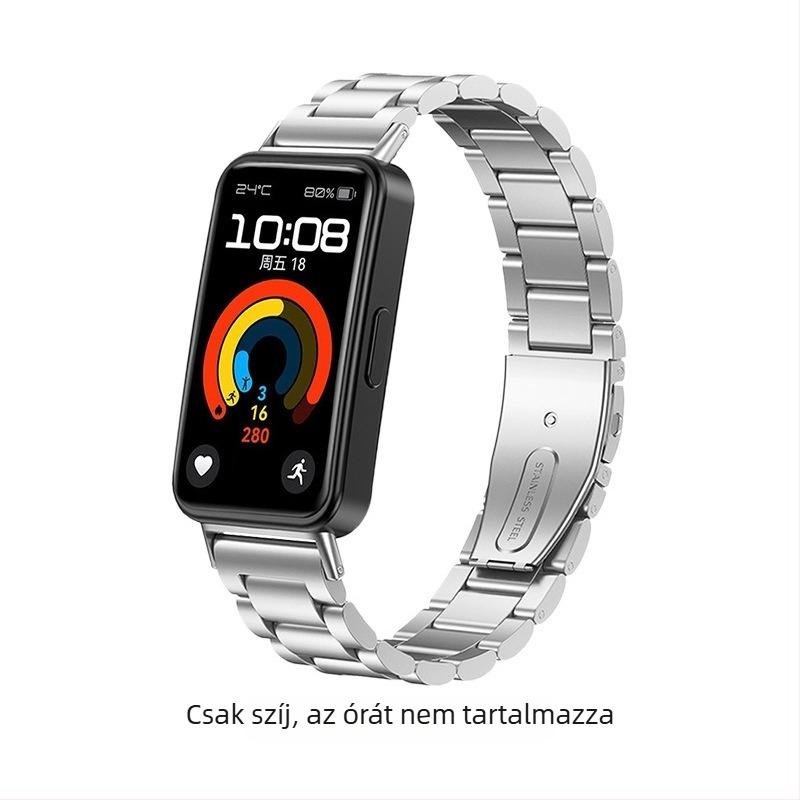 Huawei Band 10-hez illő rozsdamentes acél karkötő – vékony hét-szálas lánccal; kompatibil Huawei Band 8 és Band 9 három-szálas szilárd acél karkötővel