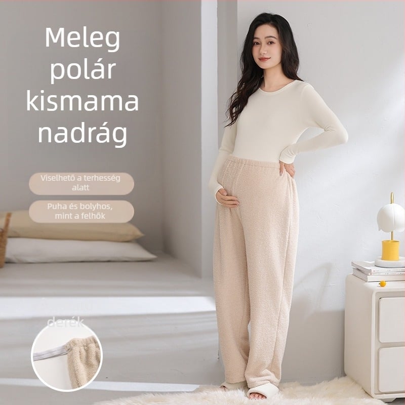 Női kismama nadrág ősz-télre, fleece-beléssel, vastag, hosszú, laza szabású otthoni viselet