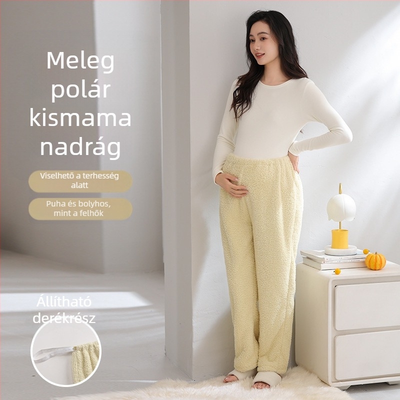 Női kismama nadrág ősz-télre, fleece-beléssel, vastag, hosszú, laza szabású otthoni viselet