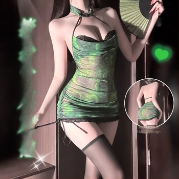 Szerepjátékos fehérnemű készlet, cheongsam-stílusú, átlátszó háló, nyakba záródó, csípőn feszes fazon, poliészter