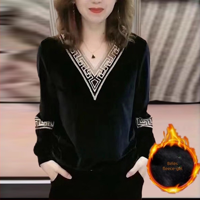 Női Top Gold Velvet, V-nyakú, hosszú ujjú, Poliészter 50–70%, normál hossz 50–65 cm