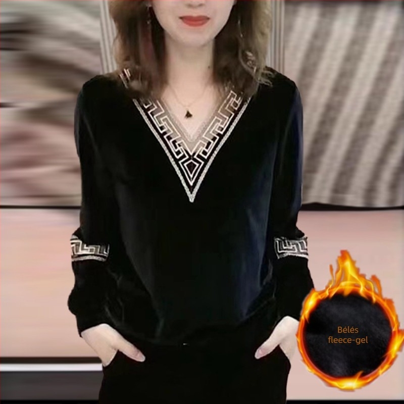 Női Top Gold Velvet, V-nyakú, hosszú ujjú, Poliészter 50–70%, normál hossz 50–65 cm