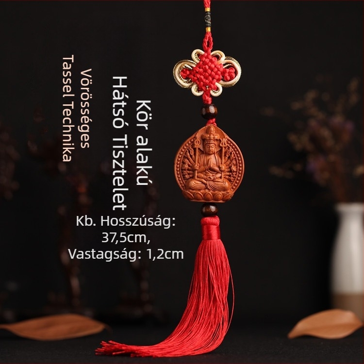 Barackfa autómedál Pixiu, Guan Gong és Guanyin motívumokkal — hagyományos kínai stílusú belső autódekoráció
