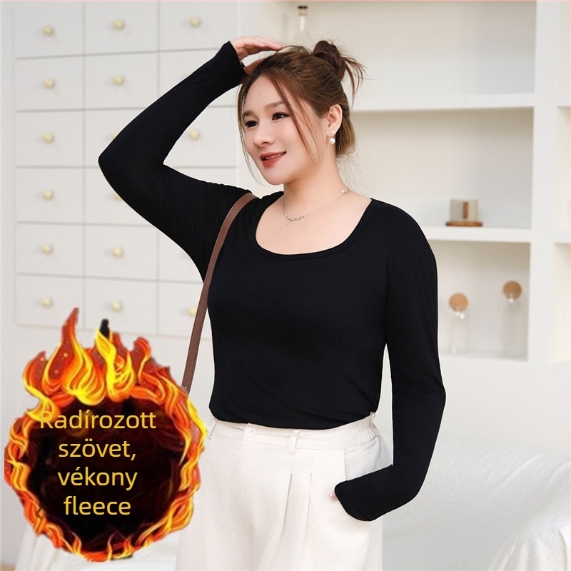 Plusz méretű női hosszú ujjú felső Modal szövetben, bolyhos tapintású anyag, 2% spandex, négyszögletes gallér, belső fleece bélés, japán-koreai lazább stílus
