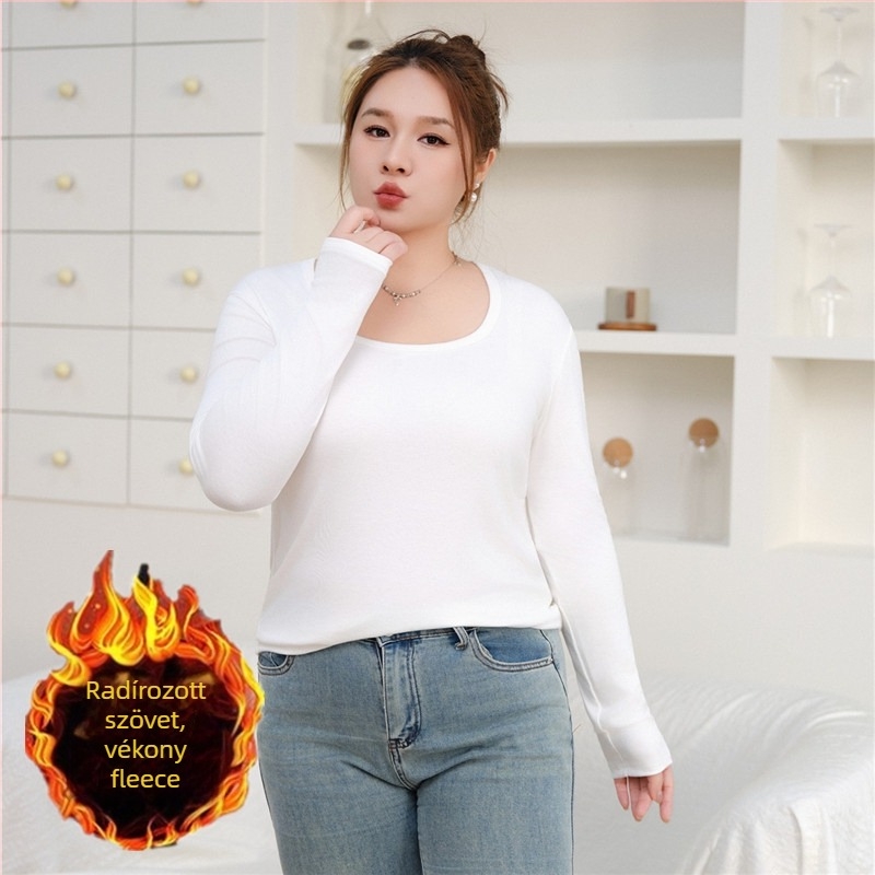 Plusz méretű női hosszú ujjú felső Modal szövetben, bolyhos tapintású anyag, 2% spandex, négyszögletes gallér, belső fleece bélés, japán-koreai lazább stílus