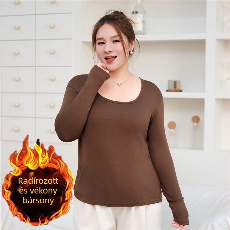 Plusz méretű női hosszú ujjú felső Modal szövetben, bolyhos tapintású anyag, 2% spandex, négyszögletes gallér, belső fleece bélés, japán-koreai lazább stílus