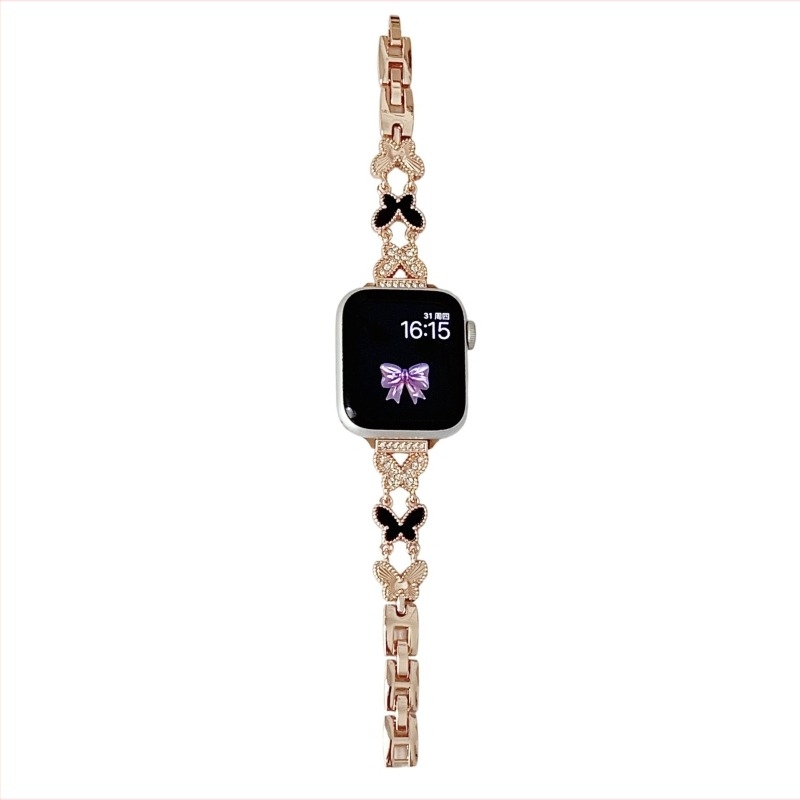 Fém óraszíj pillangó-dizájnnal, gyémántokkal díszített mother-of-pearl dizájnnal, kompatibilis Apple iWatch Ultra/SE/Sorozat 1–10-zel (Márka: Burei; Stílus: Minimalista; Kiadás: 2025 ősz)