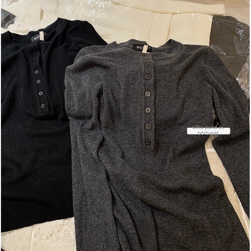 Pamut kötött T-shirt Henry gallérral, hosszú ujjú, 95%+ pamut, egyszínű minta