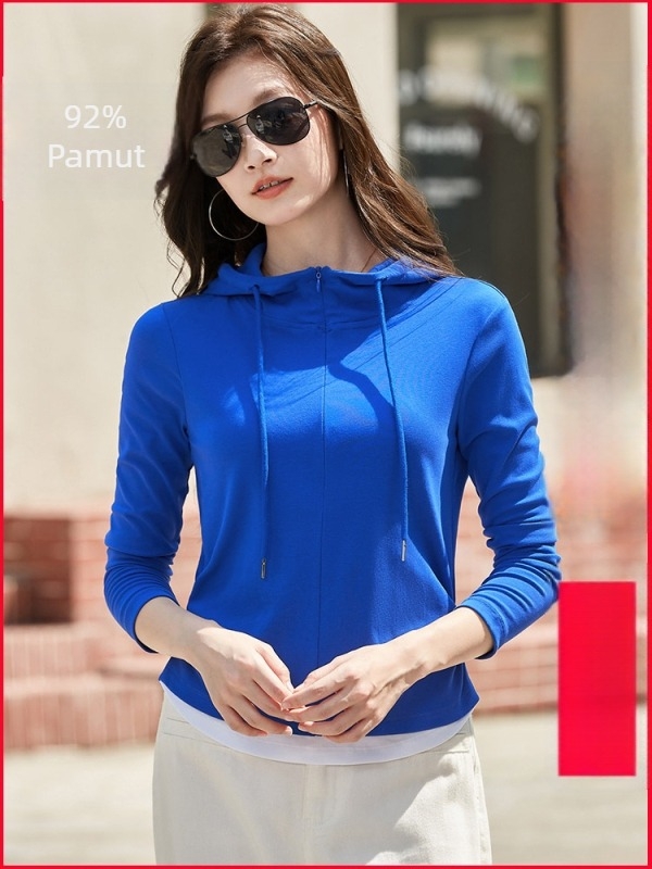 Női pamut kapucnis póló, hosszú ujjú, laza szabás, egyszínű — 90–95% pamut, <30% spandex