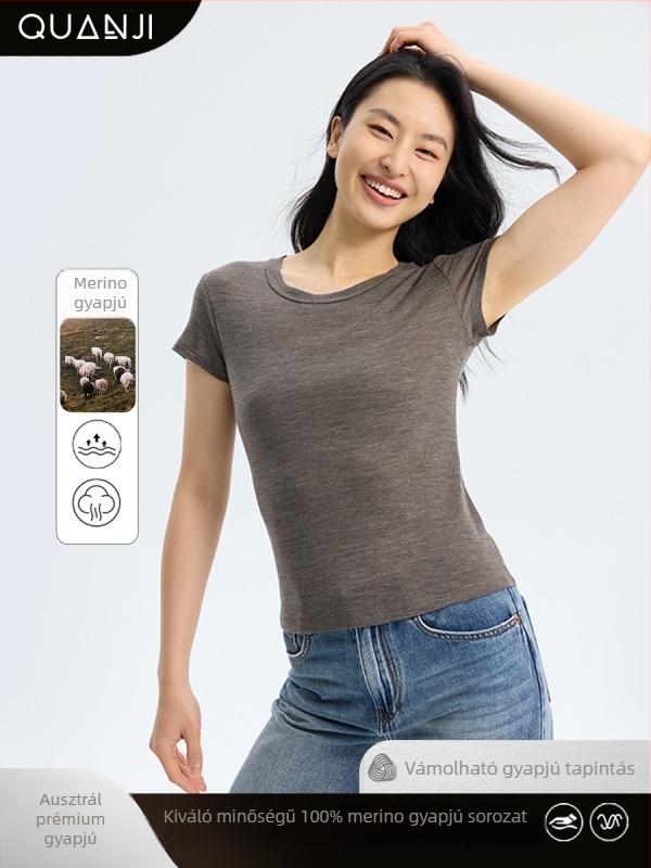 Női gyapjú rövid ujjú T-shirt kerek nyakkal, casual stílus, hossz 50–65 cm