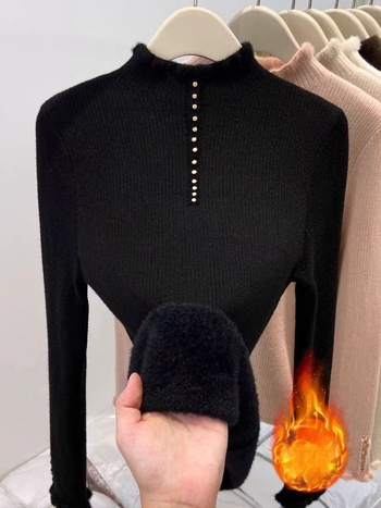 Női kapucnis fleece-pulóver belső fleece, fél magas gallér, vastag kötött anyag, egyszínű