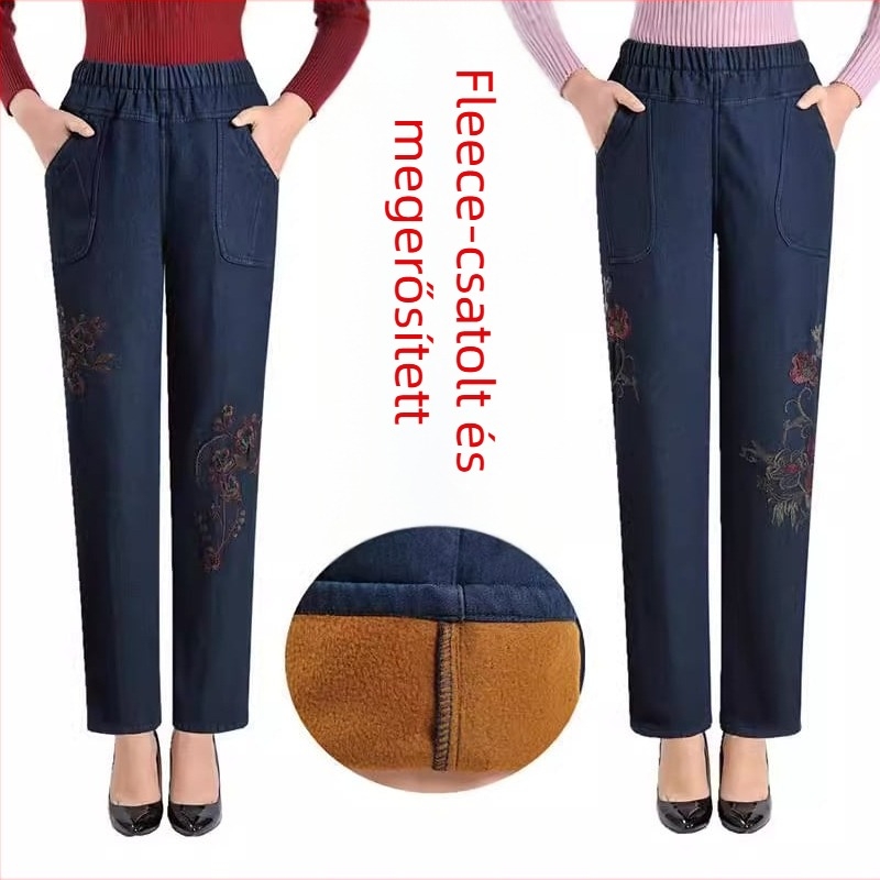 Középkorú és idősebb nőknek készült farmer, magas derékkal, egyenes szárú, pamut denim, hímzéssel.