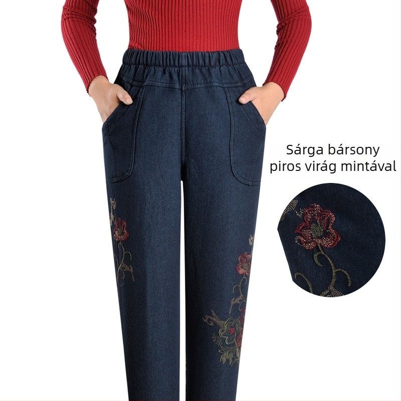 Középkorú és idősebb nőknek készült farmer, magas derékkal, egyenes szárú, pamut denim, hímzéssel.