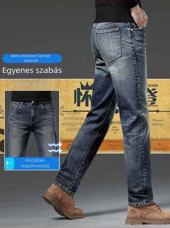 Férfi farmernadrág egyenes szabású (középmagas derék, cipzáras záródás, pamut denimből, mikroelaszticitás)