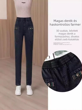 Női fleecével bélelt skinny farmer, magas derék, pamut-spandex denim, téli 2025