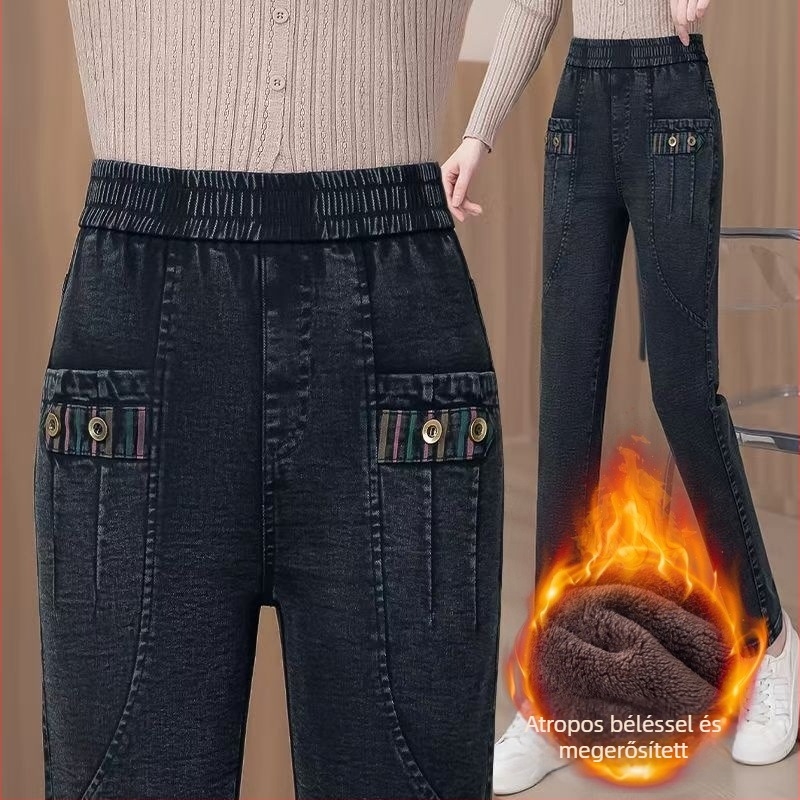 Női fleecével bélelt skinny farmer, magas derék, pamut-spandex denim, téli 2025