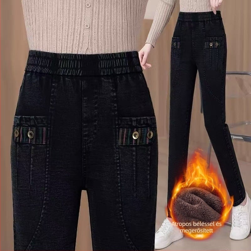 Női fleecével bélelt skinny farmer, magas derék, pamut-spandex denim, téli 2025