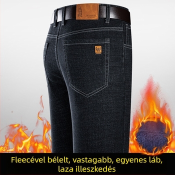 Férfi elasztikus farmer fleece-béléssel, egyenes szárú, középmagas derekú, cipzáras zárás