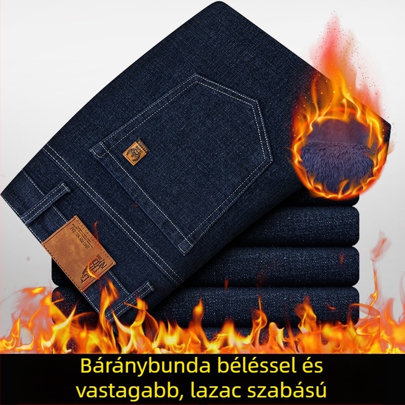 Férfi elasztikus farmer fleece-béléssel, egyenes szárú, középmagas derekú, cipzáras zárás