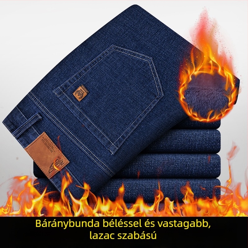 Férfi elasztikus farmer fleece-béléssel, egyenes szárú, középmagas derekú, cipzáras zárás