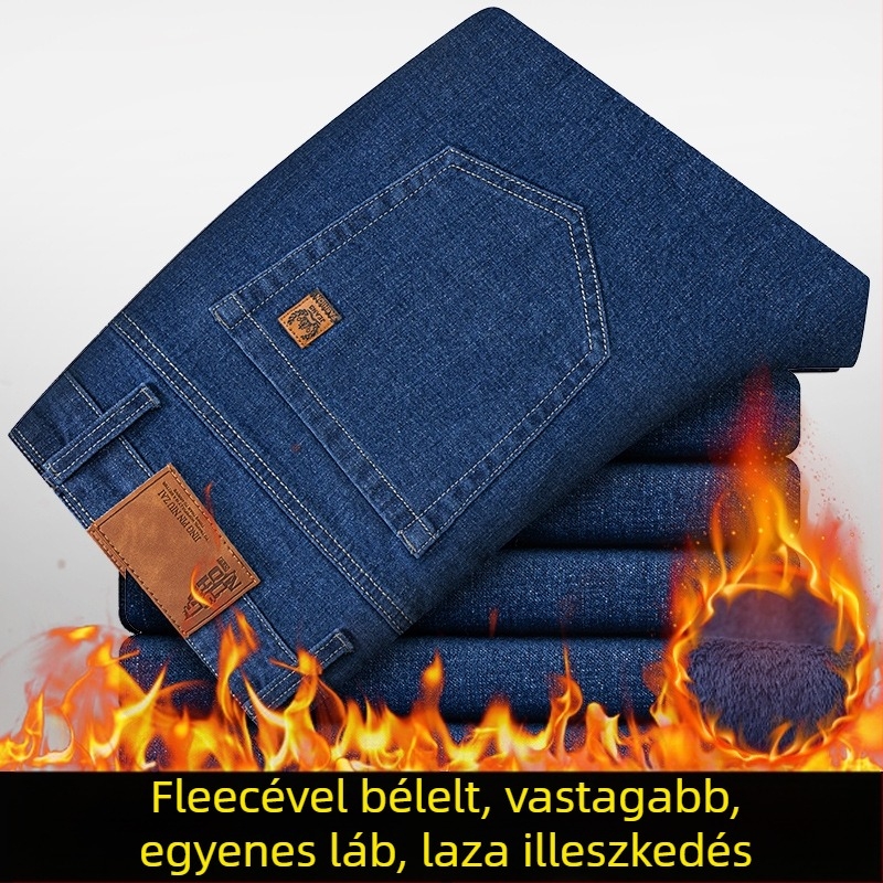 Férfi elasztikus farmer fleece-béléssel, egyenes szárú, középmagas derekú, cipzáras zárás