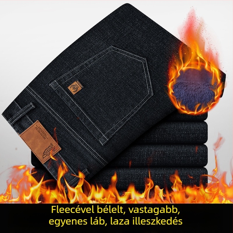 Férfi elasztikus farmer fleece-béléssel, egyenes szárú, középmagas derekú, cipzáras zárás