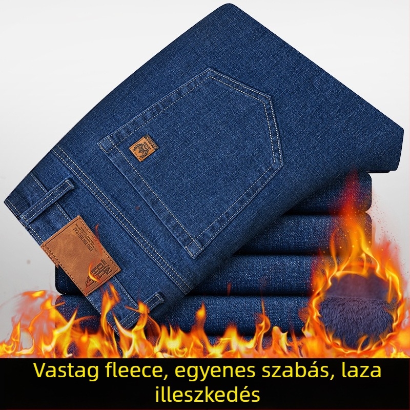 Férfi elasztikus farmer fleece-béléssel, egyenes szárú, középmagas derekú, cipzáras zárás