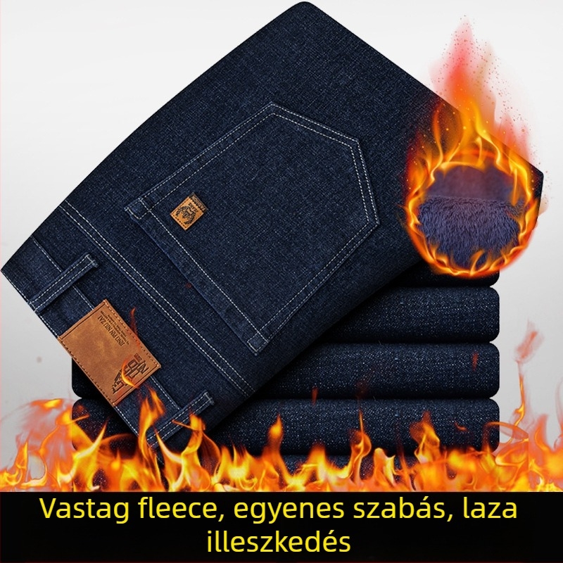 Férfi elasztikus farmer fleece-béléssel, egyenes szárú, középmagas derekú, cipzáras zárás
